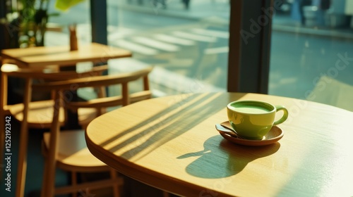 A candid shot of a person enjoying a warm cup of matcha tea in a minimalist cafe with natural light illuminating the vibrant green tea.