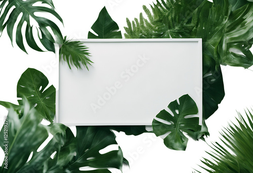 Obraz na płótnie background fresh green jungle season frame nature made flora travel leaves foliage spring design natural botany concept white exotic tropical greenery beauty palm banner floral summer plant leaf w salonie