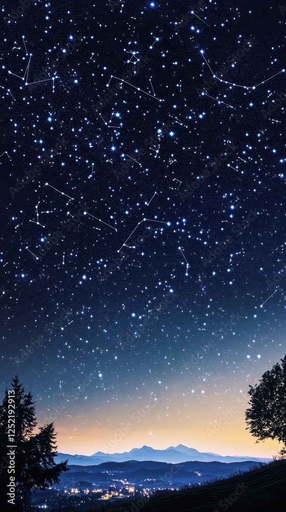 Fototapeta premium Constellations and stars shine brightly over a mountain landscape