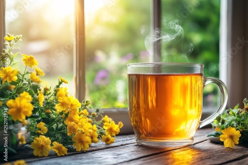 Rhodiola rosea tea with steam in transparent glass mug photo