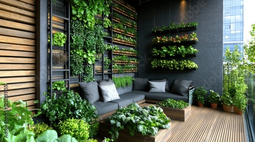 A modern balcony vegetable garden with vertical planters and a small seating area. 