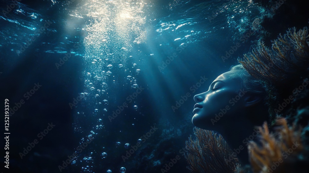 Obraz premium Underwater Scene Ethereal Lighting Deep Blue Surreal Style Bubbles Coral High Contrast Cinematic Composition