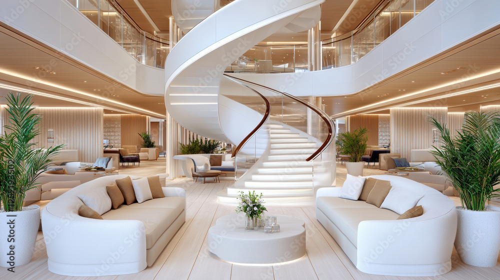 Fototapeta premium modern cruise ship interior featuring grand spiral staircase and elegant seating areas