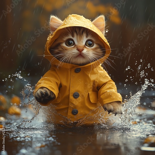 A cute kitten wearing a yellow raincoat splashes in puddles during a rainy day, embodying joy and playfulness in nature's wet embrace.