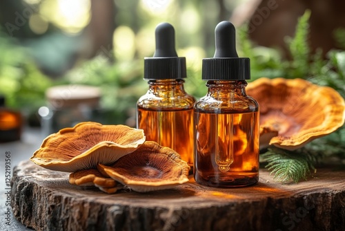 Reishi extract in modern laboratory dropper bottles