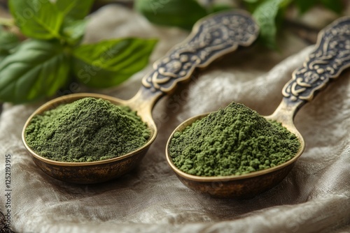 Holy basil powder in brass measuring spoons on silk cloth