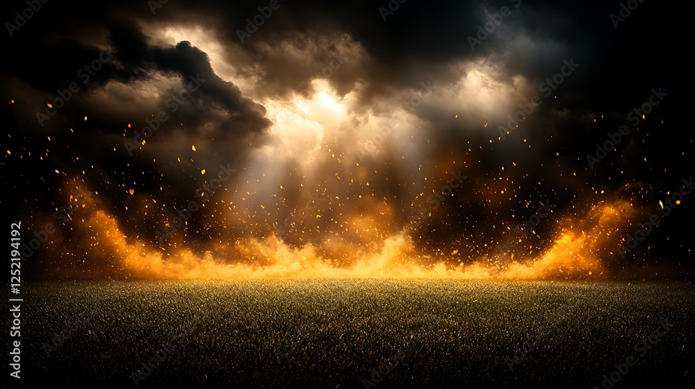 Naklejka premium Fiery Embers and Smoke Rise Above a Dark Green Field Under a Stormy Sky