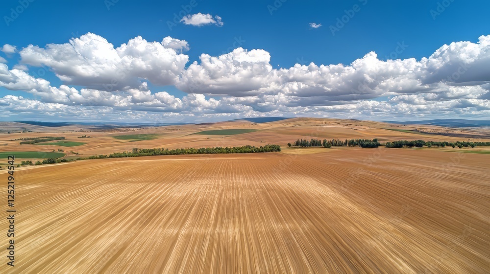 Fototapeta premium Vast golden fields under a bright blue sky with fluffy white clouds.