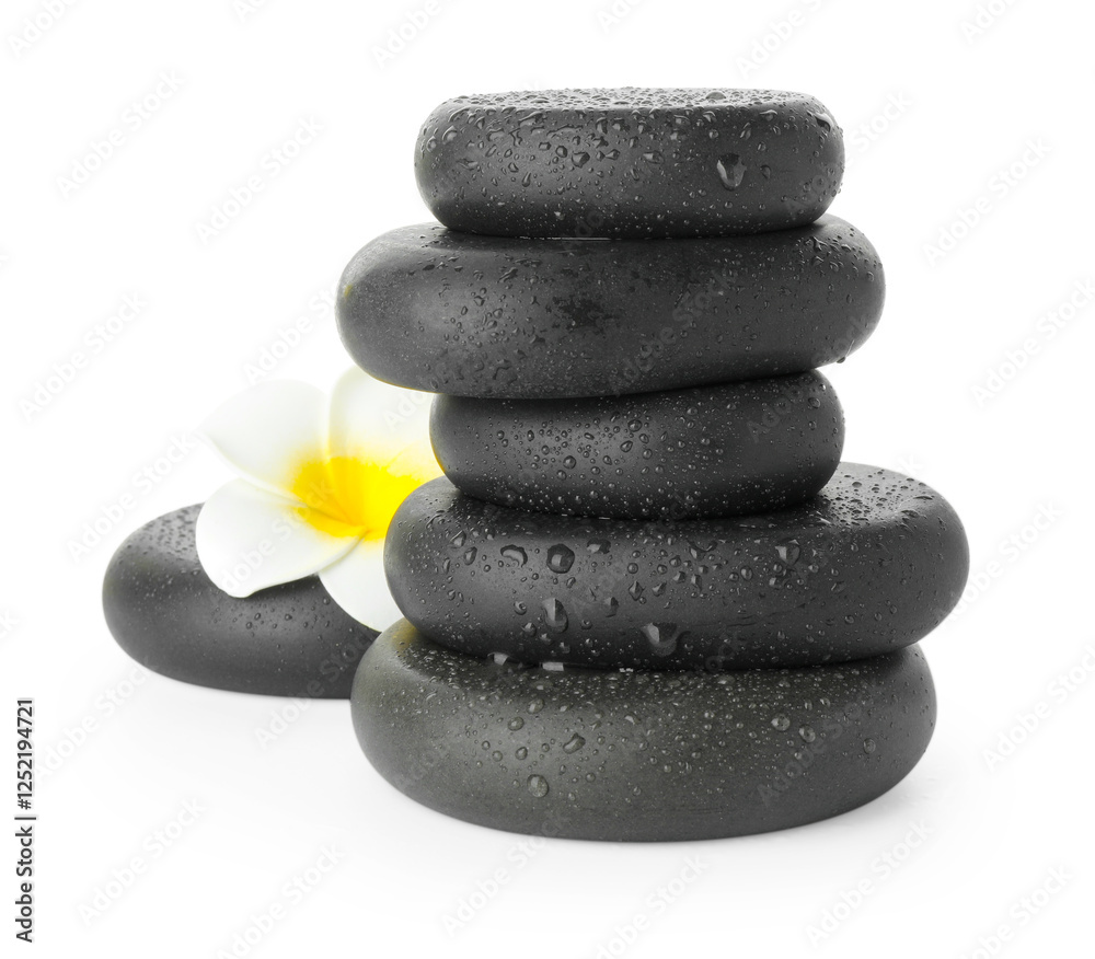 Wet spa stones with flower isolated on white Wet spa stones with flower isolated on white