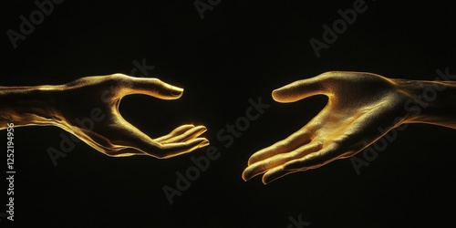 Two golden hands reaching out to each other in darkness