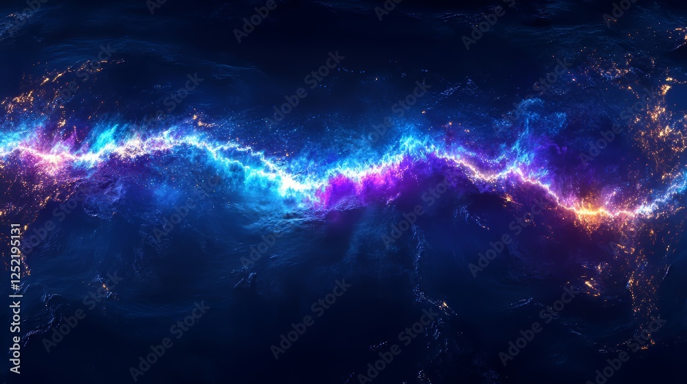 Obraz premium Vibrant cosmic wave of electric blues and purples in a dark, deep ocean setting.