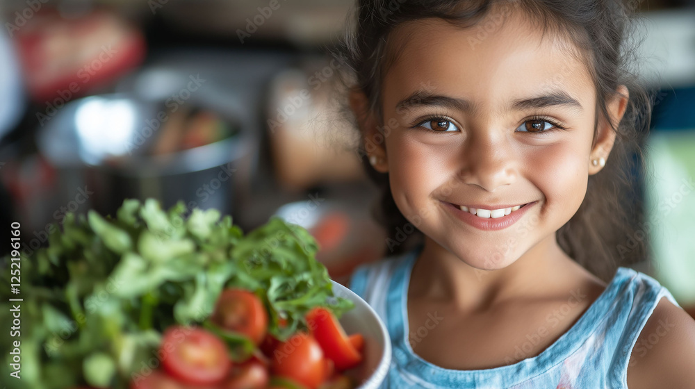 Happy little Latina girl next to a plate of vegetables Happy little Latina girl next to a plate of vegetables