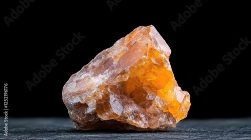 Orange calcite crystal on dark surface, close-up