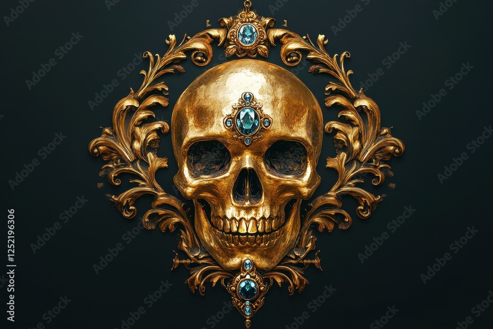 Golden skull adorned with jewels and baroque styled ornaments Golden skull adorned with jewels and baroque styled ornaments