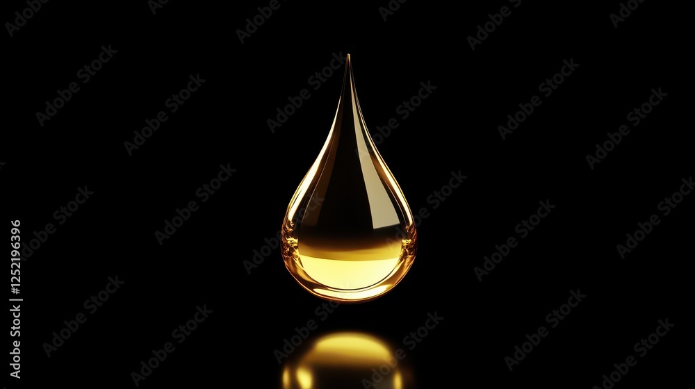 Fototapeta premium Golden liquid drop with reflection on a black background