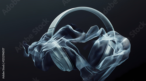 Display headphones with pieces of fabric that look like they are being 'played' by music, fluttering and rippling in response to invisible instruments. Invisible Beings. Illustration photo