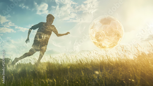 Football being kicked by an invisible force through a field with tall grass, invisible force, energy, outdoor. Invisible Beings. Illustration