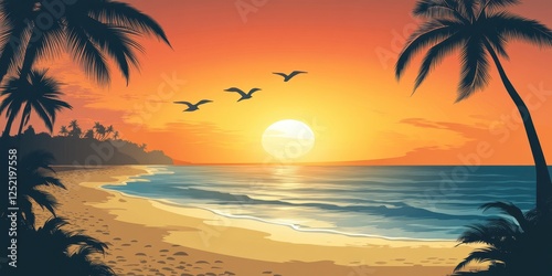 Tropical beach sunset view with palm trees and birds