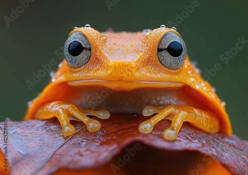 Newt in a shiny raincoat, slipping along a wet leaf, vibrant, delicate, amphibious