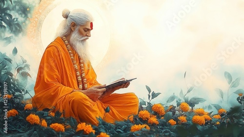 Celebration of Valmiki Jayanti Festival with a Wise Sage in Vibrant Orange Robes Surrounded by Nature