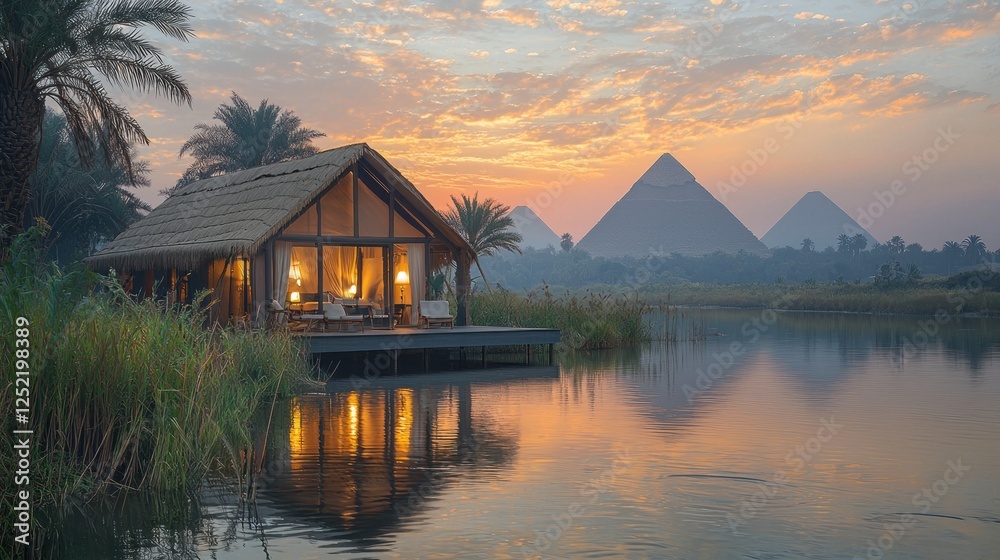 Fototapeta premium Lakeside Cabin Sunset View of Giza Pyramids