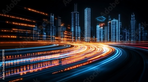 Futuristic Cityscape with Light Trails and Digital Data Streams