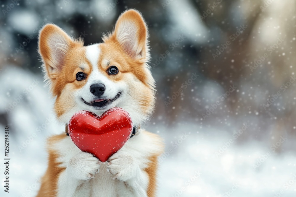 Ad campaign domestic animal idea. Cute icelandic sheepdog dog with diamond red heart on a walk in a winter park. Icelandic sheepdog - my beloved dog, symbol of friendship. Winter pet portrait. Ad campaign domestic animal idea. Cute icelandic sheepdog dog with diamond red heart on a walk in a winter park. Icelandic sheepdog - my beloved dog, symbol of friendship. Winter pet portrait.