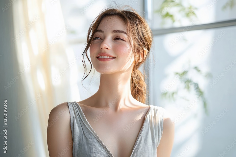 Smiling Woman Looking Up at Beautiful Window in Bright Room with Natural Light and Minimalist Design Smiling Woman Looking Up at Beautiful Window in Bright Room with Natural Light and Minimalist Design