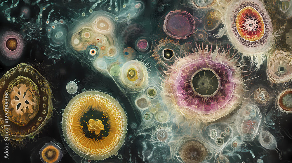Microscopic protist cells in detail: a study on microbial life forms. Invisible Beings. Illustration Microscopic protist cells in detail: a study on microbial life forms. Invisible Beings. Illustration