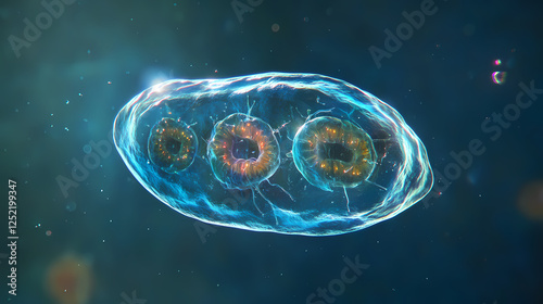 Microscopic view of a single-celled organism, possibly a flagellate protozoan, swimming in a fluid. Invisible Beings. Illustration photo