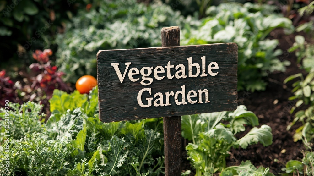 A rustic wooden sign reading Vegetable Garden placed at the entrance of a lush backyard garden. A rustic wooden sign reading Vegetable Garden placed at the entrance of a lush backyard garden.