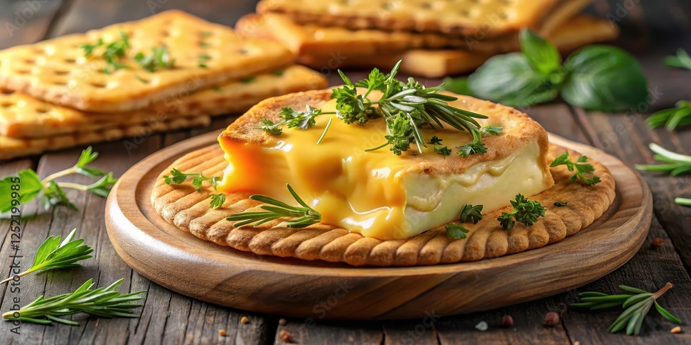 A slice of melted cheese with a golden crust and gooey center, sliced out from a wheel of cheese, surrounded by crackers and garnished with fresh herbs , appetizer, gourmet A slice of melted cheese with a golden crust and gooey center, sliced out from a wheel of cheese, surrounded by crackers and garnished with fresh herbs , appetizer, gourmet