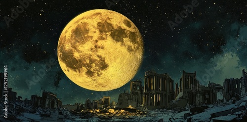 A gigantic golden moon hangs over a ruined cityscape