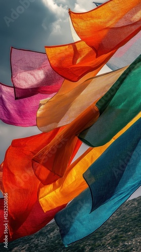 Colorful Fabrics Flowing in the Wind Against a Cloudy Sky
