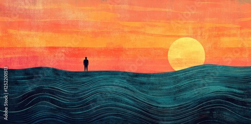 Silhouette stands on stylized ocean waves watching the sunrise