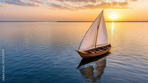 dhow boat sailing on calm waters at sunset, creating serene atmosphere photo