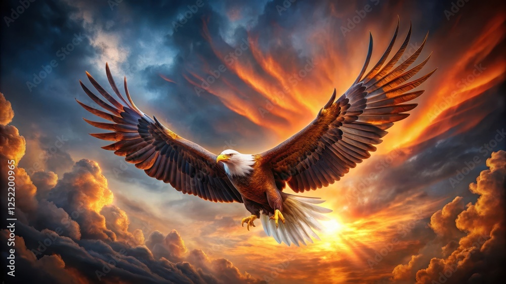 Obraz premium Eagle in fiery plumage spreads wings to soar through the sky with dynamic movement and intensity, majestic eagle, soaring bird
