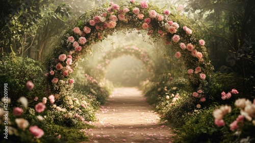 Fototapeta Naklejka Na Ścianę i Meble -  Enchanted garden pathway adorned with rose arches and soft morning light in a serene outdoor setting