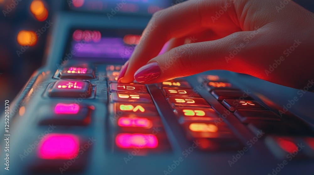 Obraz premium Womans hand pressing illuminated keyboard buttons