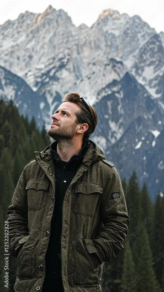 Man gazing at majestic mountains during a cloudy day in the alpine forest, reflecting on nature's beauty Man gazing at majestic mountains during a cloudy day in the alpine forest, reflecting on nature's beauty