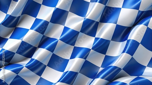 A wavy checker flag pattern with blue and white checkers creates a dynamic visual effect, checkered flag