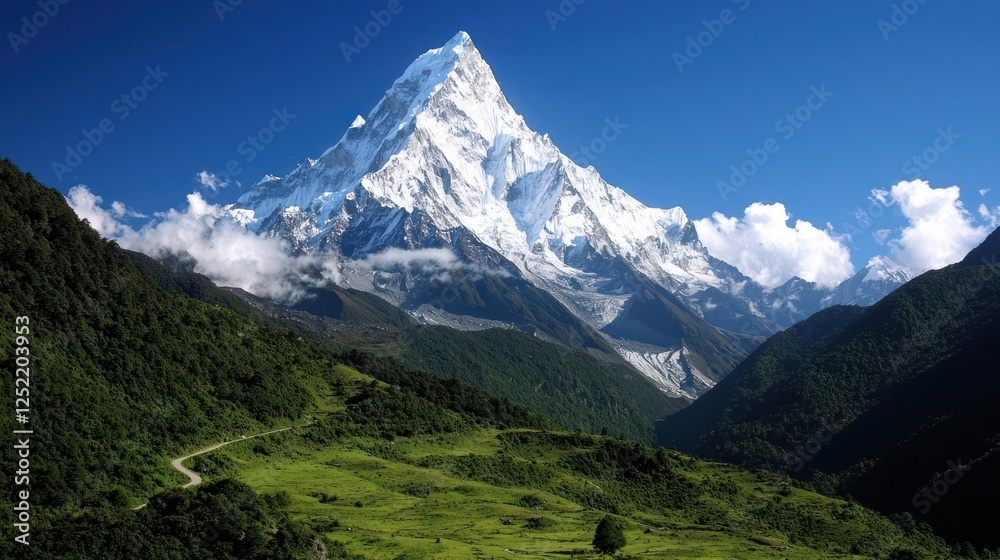 Snow Capped Mountain Peak In Valley Scenery Snow Capped Mountain Peak In Valley Scenery
