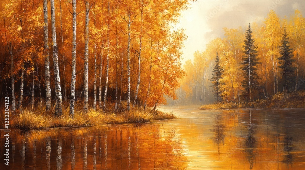 Obraz premium Autumnal Birch Trees Reflecting in Calm Water