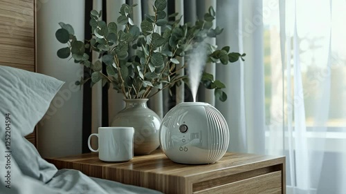 A small, cozy bedroom with an oil diffuser. The property type of the product is an essential oil diffuser with a soothing breeze effect. 