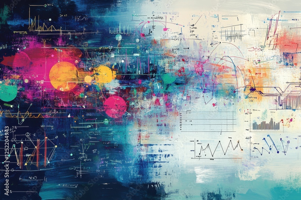 Abstract painting shows data visualization graphs and color explorations Abstract painting shows data visualization graphs and color explorations