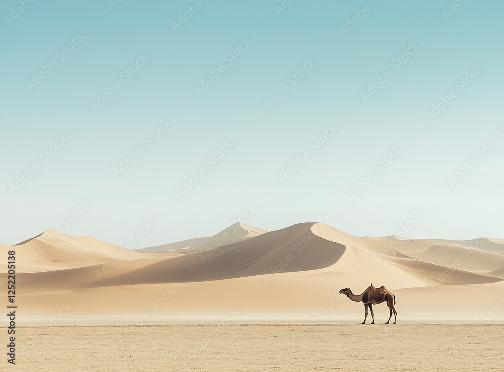 Lone camel desert landscape, dunes background, travel poster Lone camel desert landscape, dunes background, travel poster