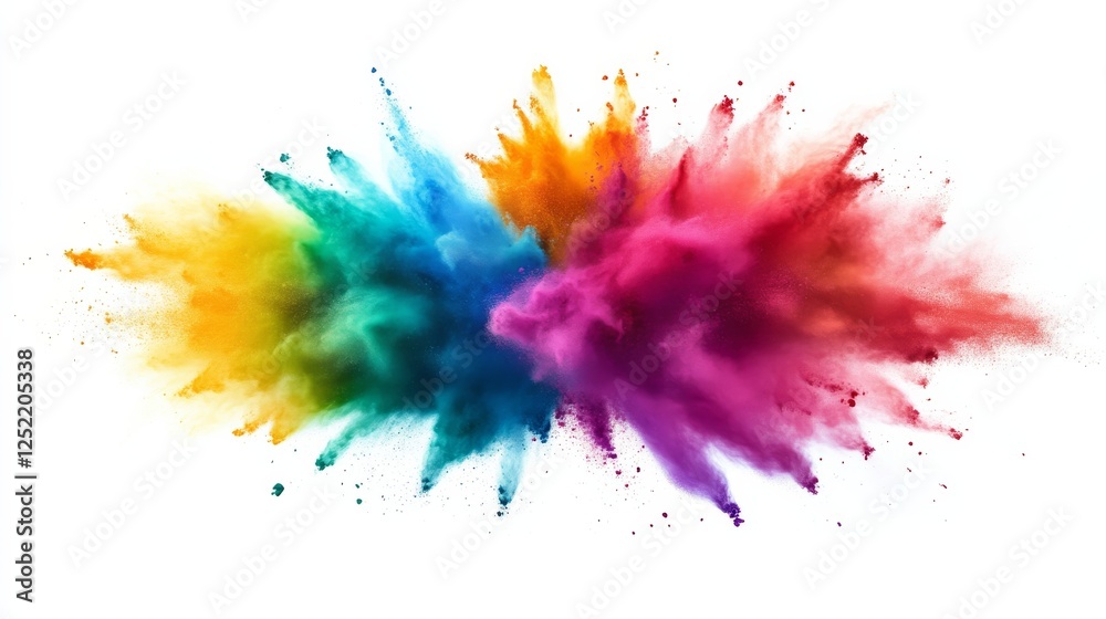 Vibrant explosion of colorful powder captured on white background, abstract art concept Vibrant explosion of colorful powder captured on white background, abstract art concept