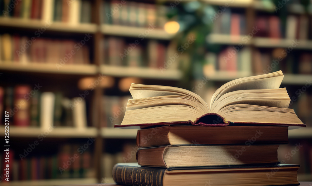 There is a stack of books piled up on the tables in the library There is a stack of books piled up on the tables in the library