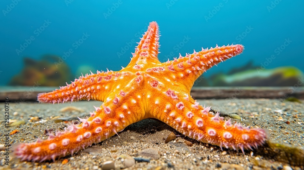 Vibrant Orange Starfish on Sandy Ocean Floor with Blue Background Vibrant Orange Starfish on Sandy Ocean Floor with Blue Background