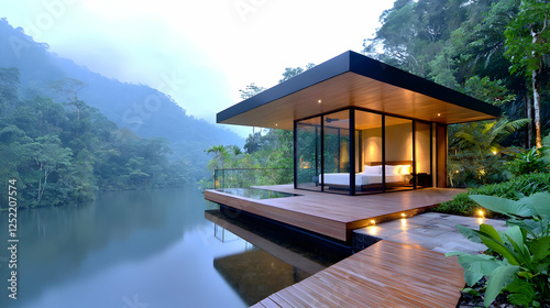Modern lake house bedroom, jungle view, serene escape
